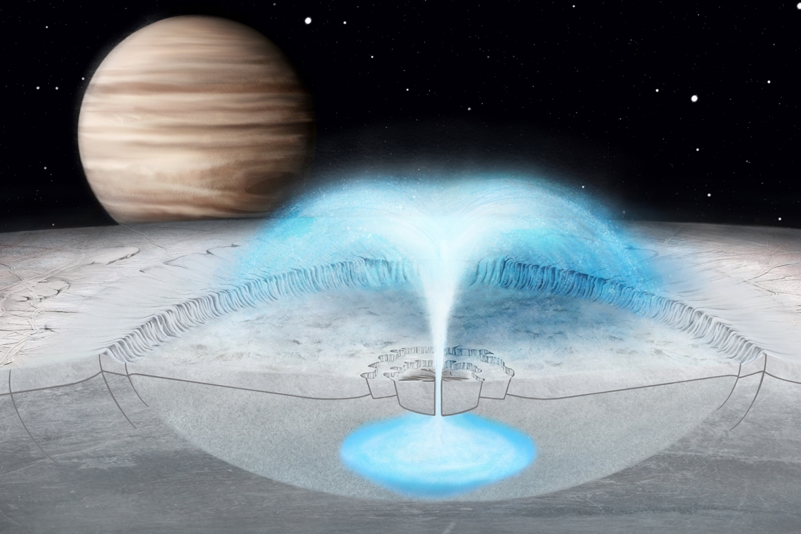 Artist’s conception of a plume erupting on Jupiter’s icy moon Europa Artist’s conception of a plume erupting on Jupiter’s icy moon Europa