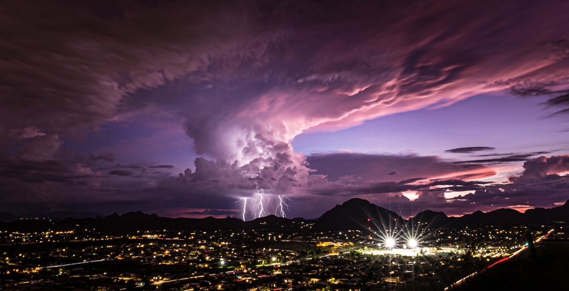 A storm cloud over a city