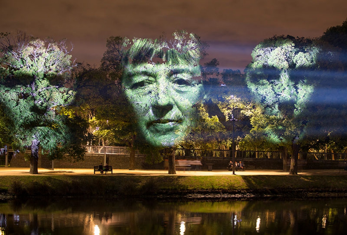 three faces projected on trees