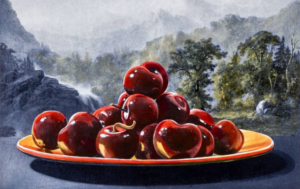 artwork of cherries on a plate in front of a forest