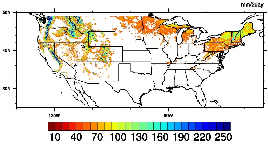 Map of the United States color coded to indicate extreme snow melt.