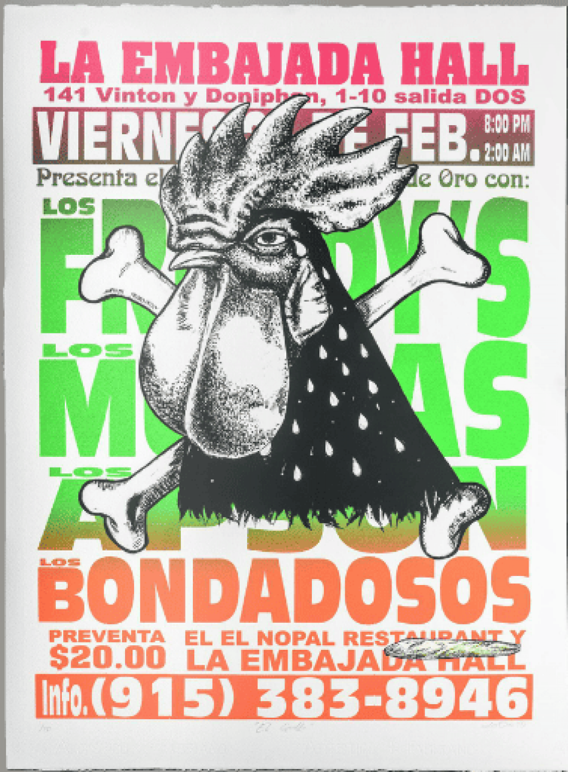 Los Dos, "El Gallo," 2016, Serigraph, Gift of Karl Whitaker Print with a rooster on the forefront and cross bones on the foreground.