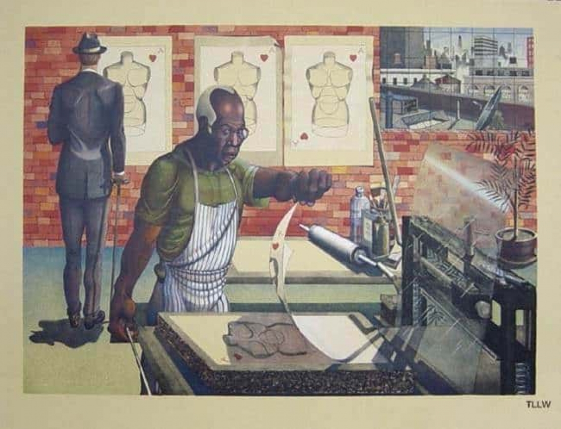 A painting of a person using a printing press.