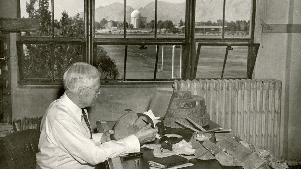 Andrew Ellicott Douglass at desk with pieces of wood Andrew Ellicott Douglass at desk with pieces of wood