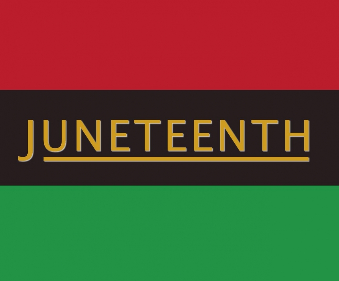 red brown and green graphic with text reading juneteenth
