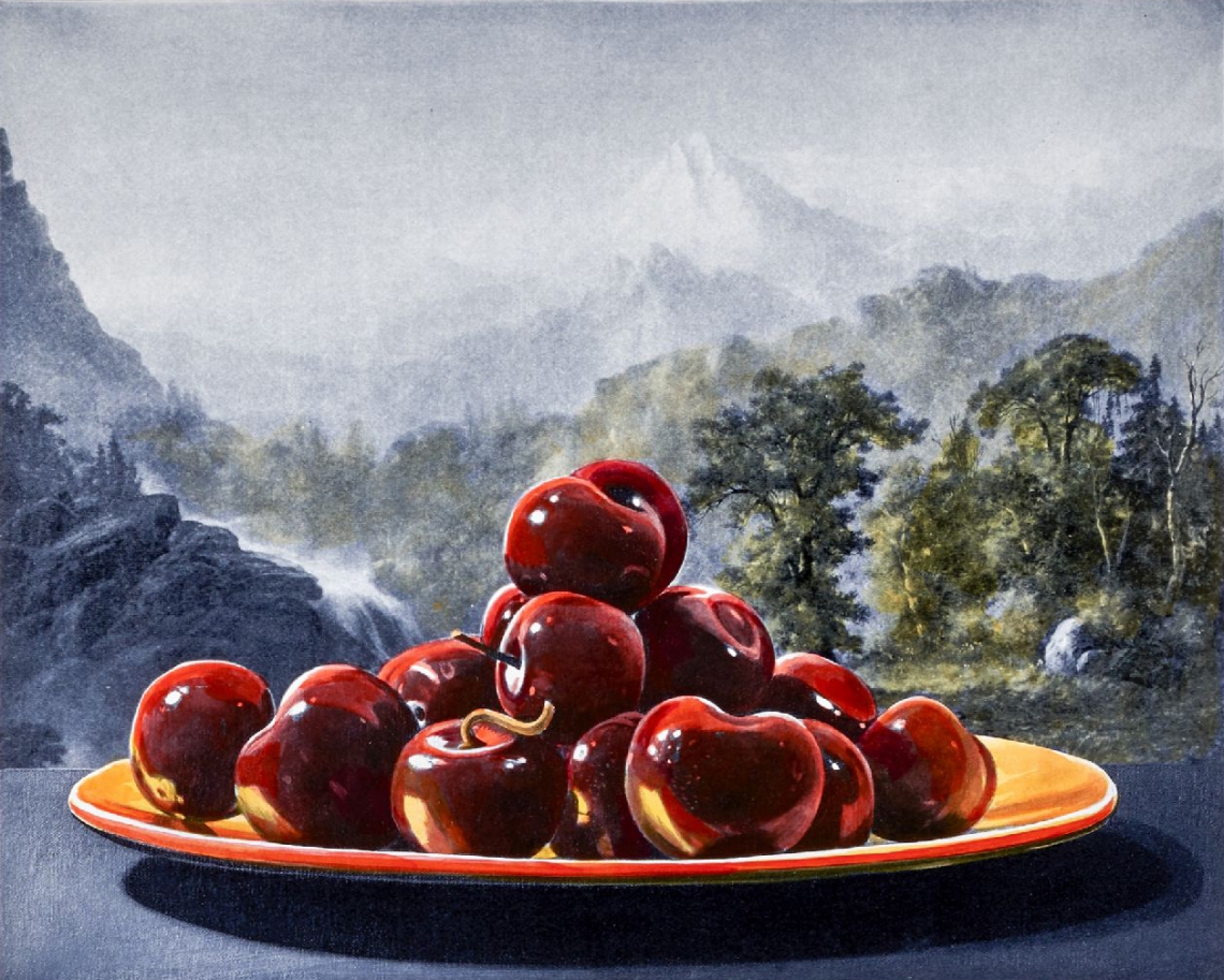 Plate of red apples sitting in front of a mountainscape