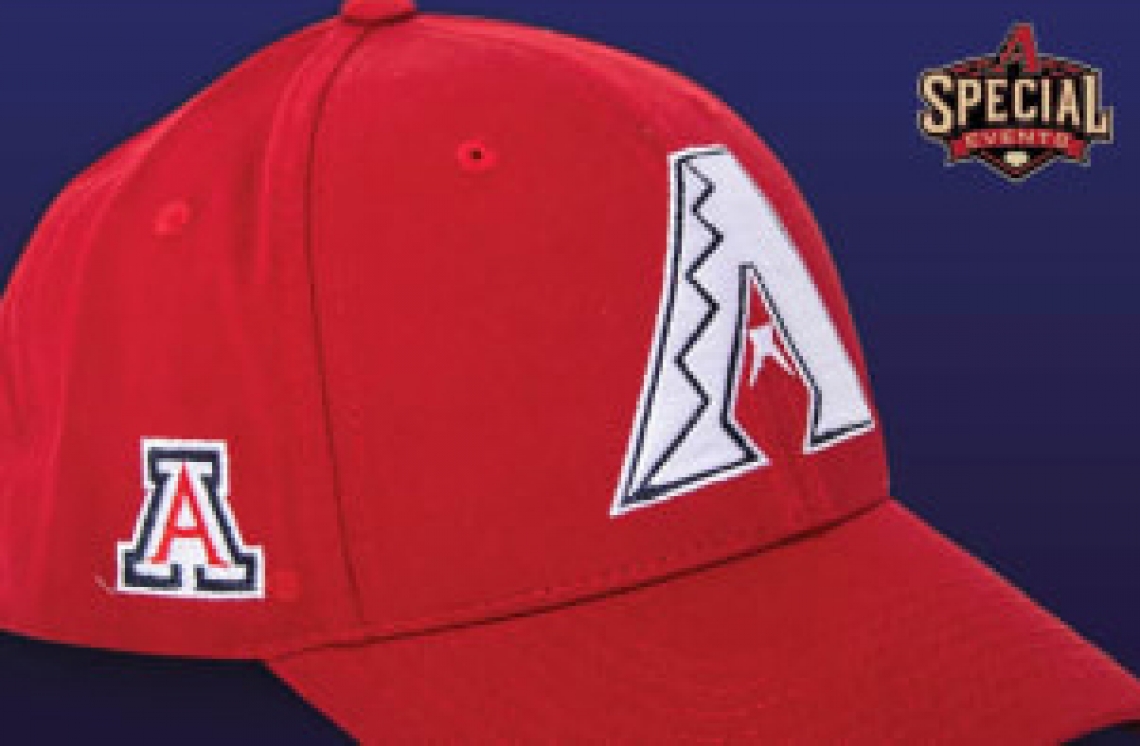red and white hat with arizona diamondbacks and university of arizona logo