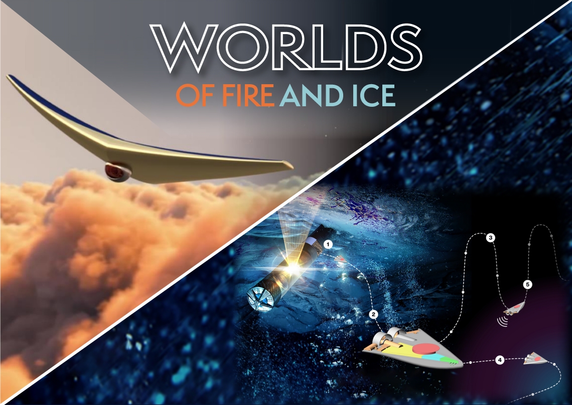 graphic of one vehicle flying the skies of venus and another swimming on an icy ocean moon