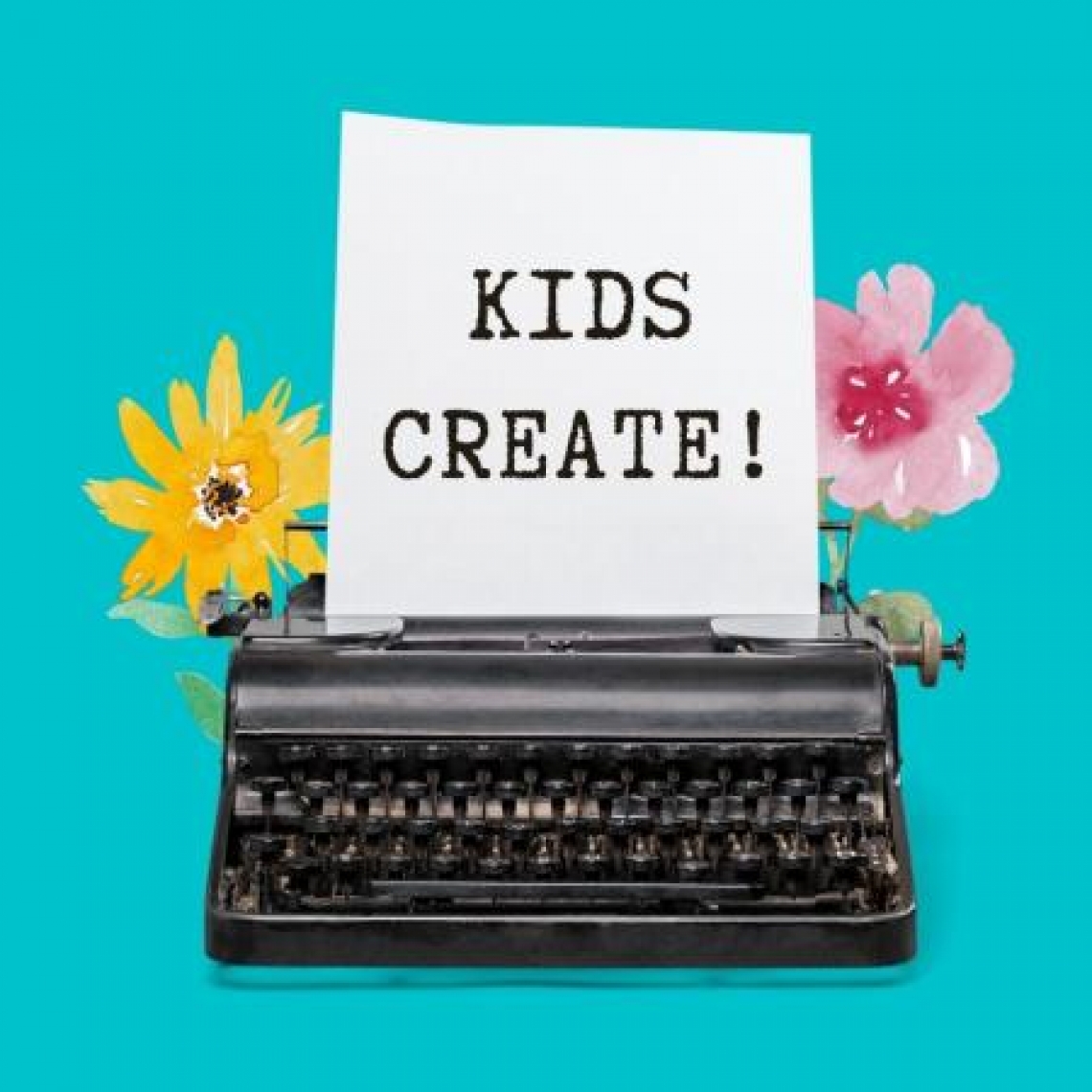 graphic of a typewriter and a piece of paper reading kids create