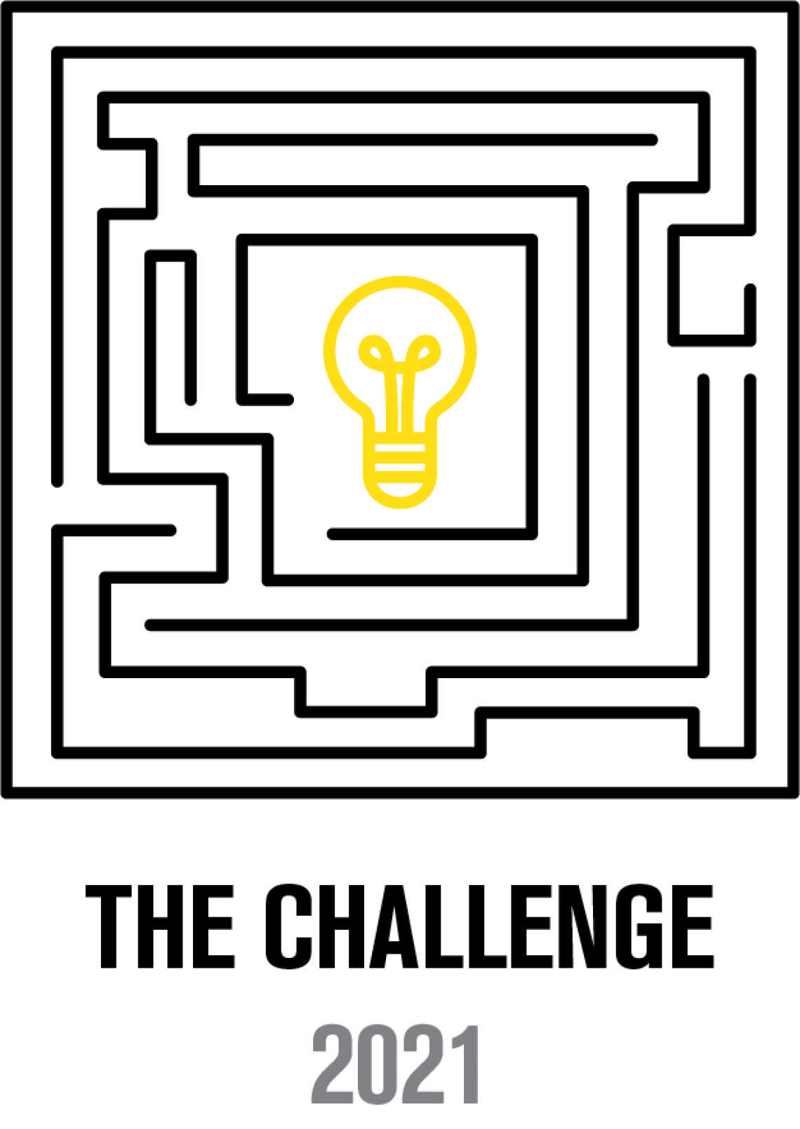 A yellow drawing of a lightbulb in the center of a maze. Text underneath says "The Challenge 2021"