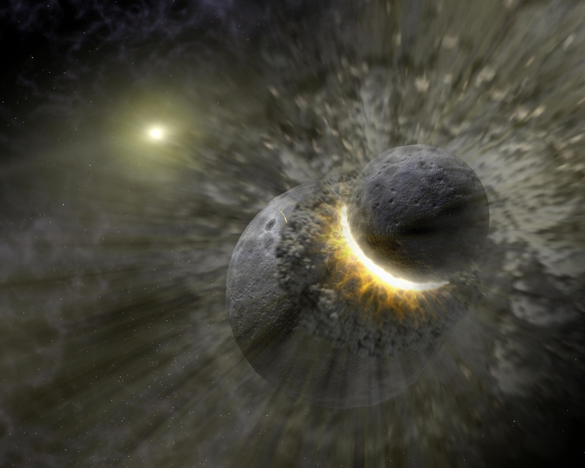 Planetary crash This artist concept illustrates two celestial bodies crashing into each other.