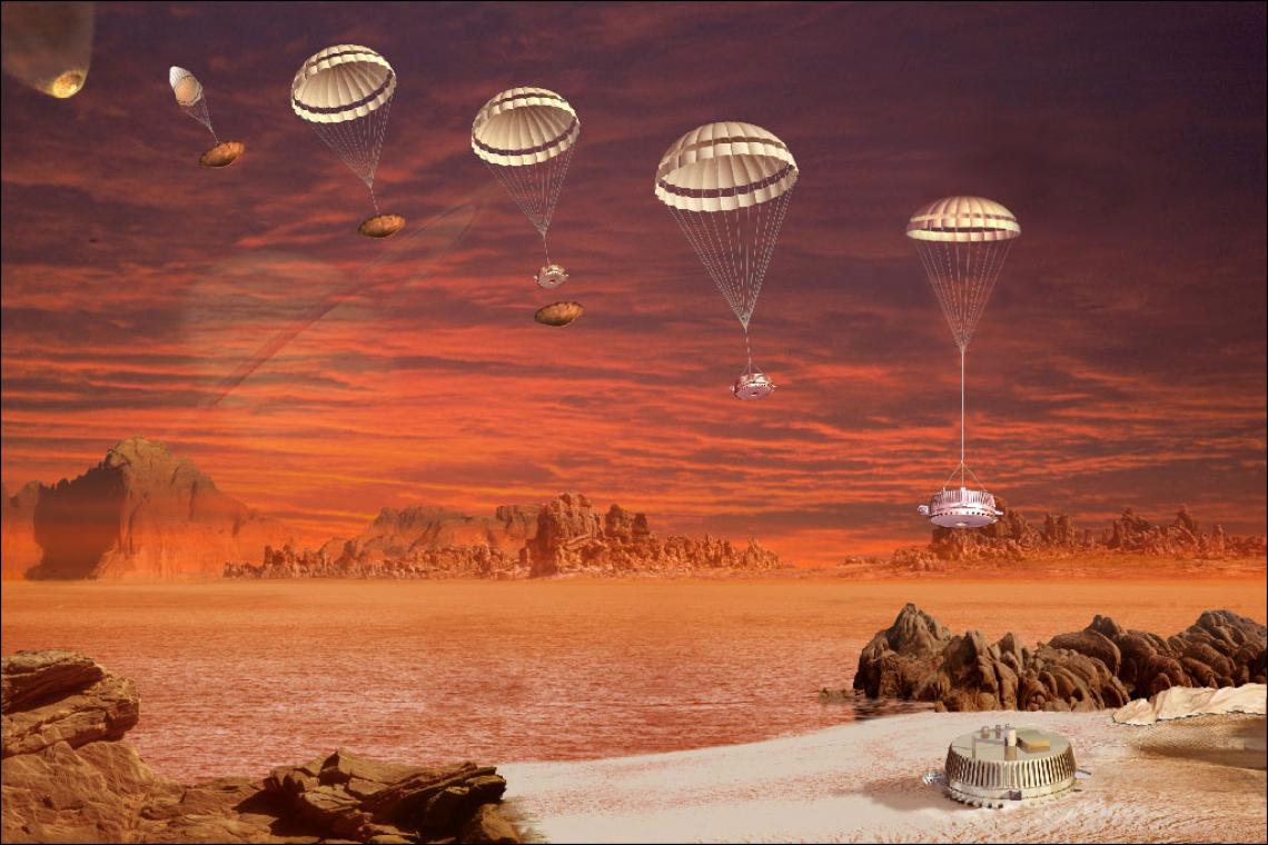 With Saturn faintly looming over Titan's hazy horizon, the Huygens probe parachutes onto the moon's surface in this artist's impression. With Saturn faintly looming over Titan's hazy horizon, the Huygens probe parachutes onto the moon's surface in this artist's impression.