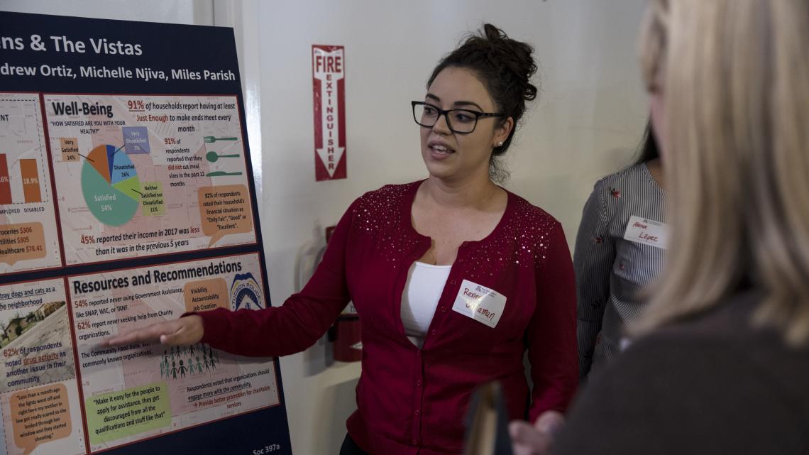 UA student Reneé Villaman explains findings from the Poverty in Tucson Field Workshop to community members. UA student Reneé Villaman explains findings from the Poverty in Tucson Field Workshop to community members.