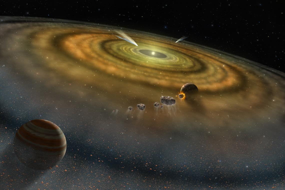 Artist’s conception of the view toward the young star Beta Pictoris from the outer edge of its disk. This disk of dust and gas orbiting the star is produced by collisions between and evaporation of asteroids and comets. Artist’s conception of the view toward the young star Beta Pictoris from the outer edge of its disk. This disk of dust and gas orbiting the star is produced by collisions between and evaporation of asteroids and comets.