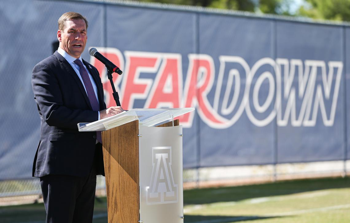 University of Arizona Vice President and Director of Athletics Dave Heeke speaks at the dedication of the Dick Tomey Football Practice Fields. 