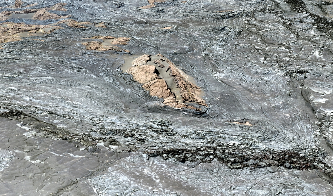 A perspective view of the December 1974 lava flow in Hawaii. This image is not a photograph, but rather it was constructed by draping kite-based aerial photography over a digital terrain model. A perspective view of the December 1974 lava flow in Hawaii. This image is not a photograph, but rather it was constructed by draping kite-based aerial photography over a digital terrain model.
