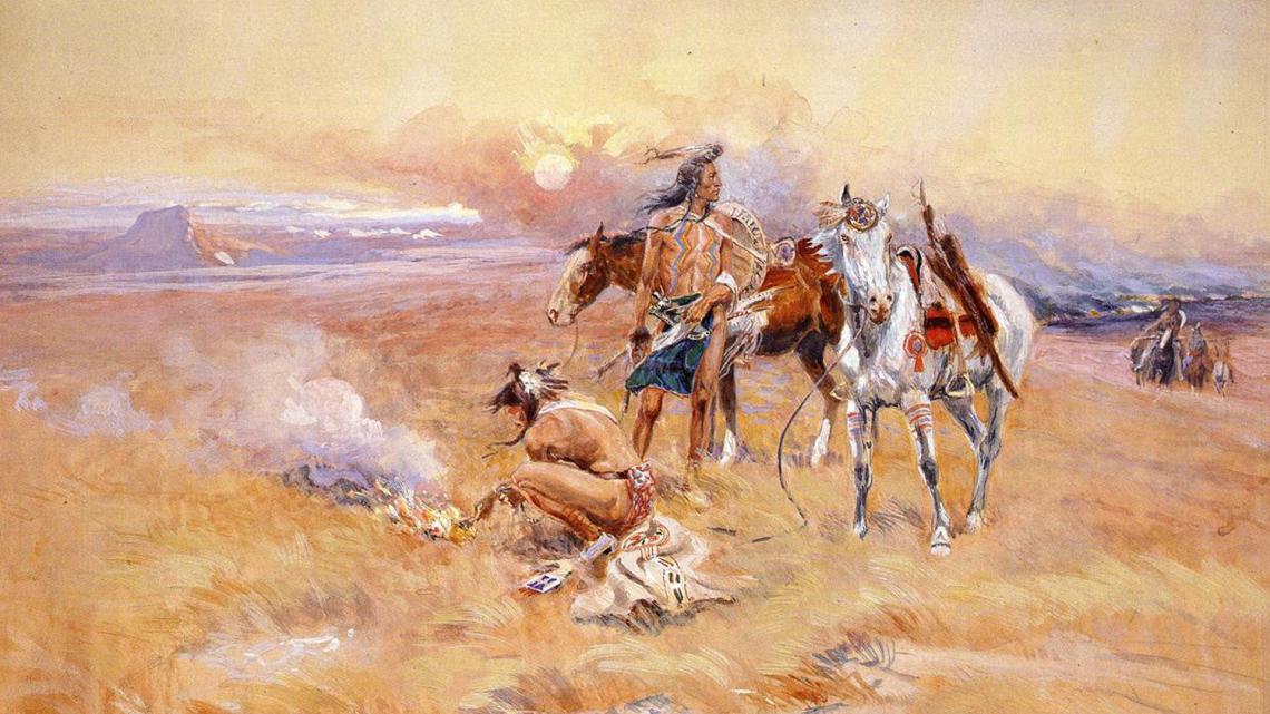 Blackfeet Burning Crow Buffalo Range, painting by Charles Marion Russell, 1905. Blackfeet Burning Crow Buffalo Range, painting by Charles Marion Russell, 1905.