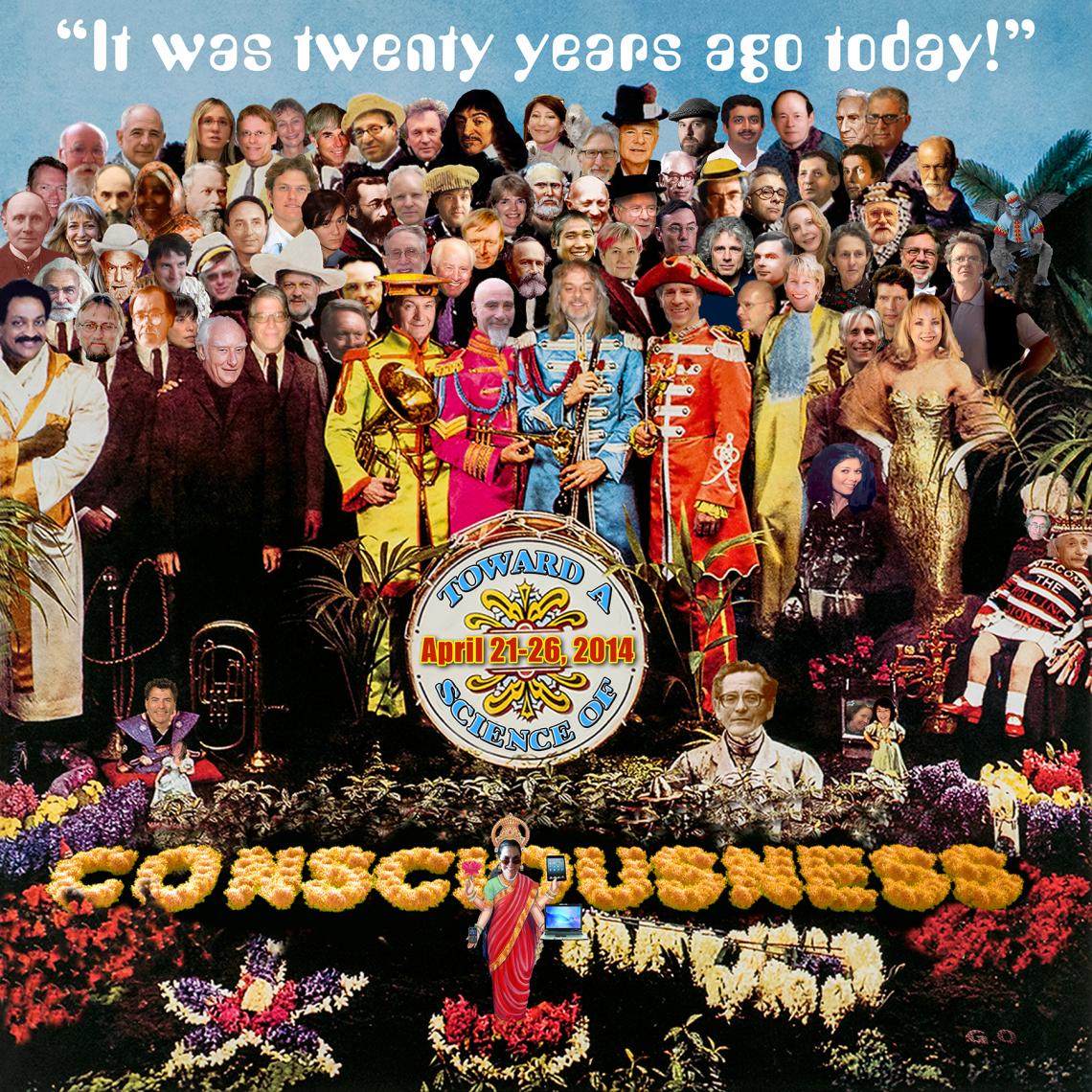 Click on image to enlarge. The 20th anniversary Toward a Science of Consciousness 2014 conference logo is a rendition of The Beatles' "Sgt. Pepper's Lonely Heart Club Band" album cover by Dave Cantrell, UA BioCommunications.
