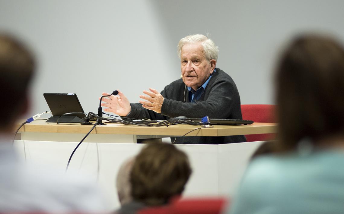 Noam Chomsky teaching a linguistics course at the UA in 2015. Chomsky challenges students to keep up with his knowledge of history and research.  