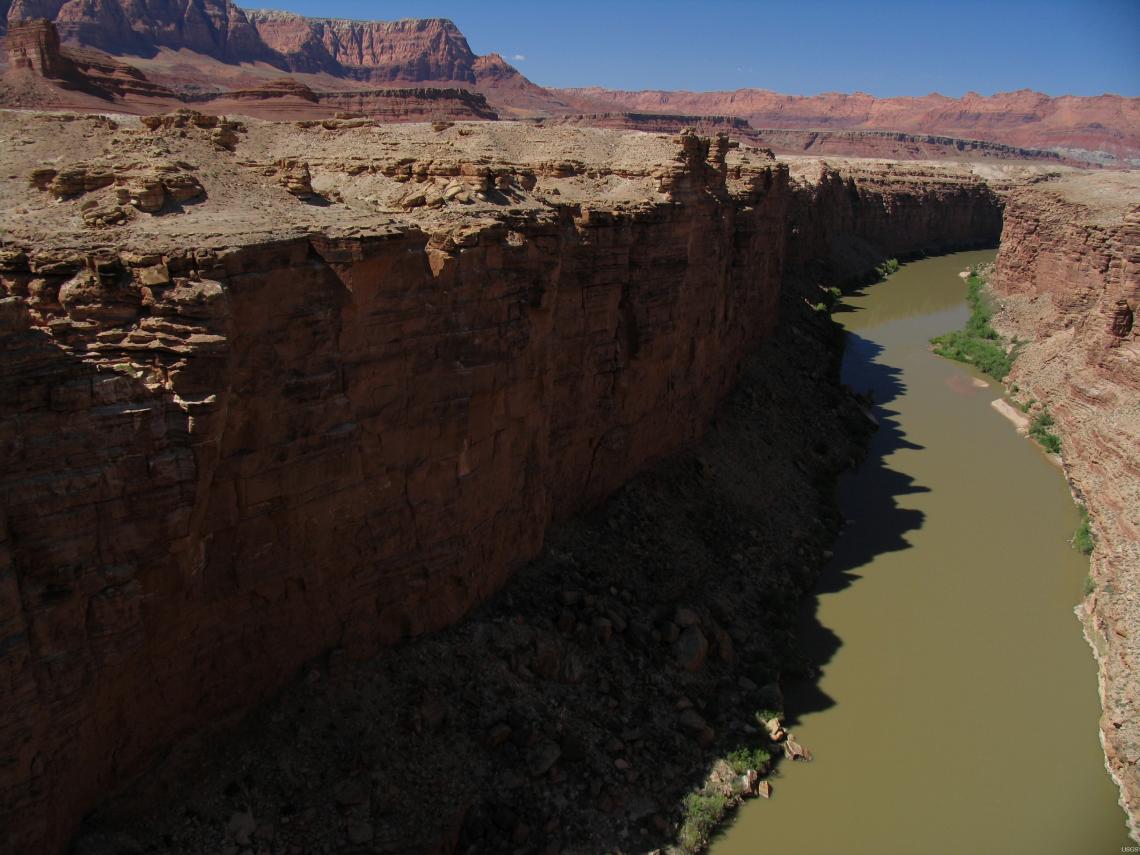 A late-afternoon view of the Colorado River in Marble Canyon looking upstream from the Navajo Bridge, near Lees Ferry, Arizona 