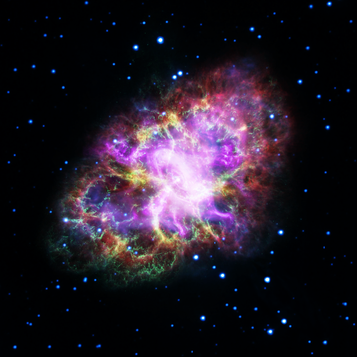 This composite image of the Crab Nebula was assembled with arbitrary color scaling by combining data from five telescopes spanning nearly the entire electromagnetic spectrum. This composite image of the Crab Nebula was assembled with arbitrary color scaling by combining data from five telescopes spanning nearly the entire electromagnetic spectrum.