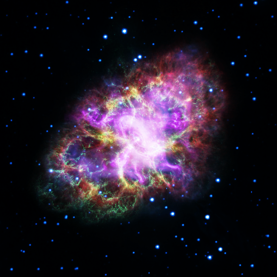 This composite image of the Crab Nebula was assembled with arbitrary color scaling by combining data from five telescopes spanning nearly the entire electromagnetic spectrum. 