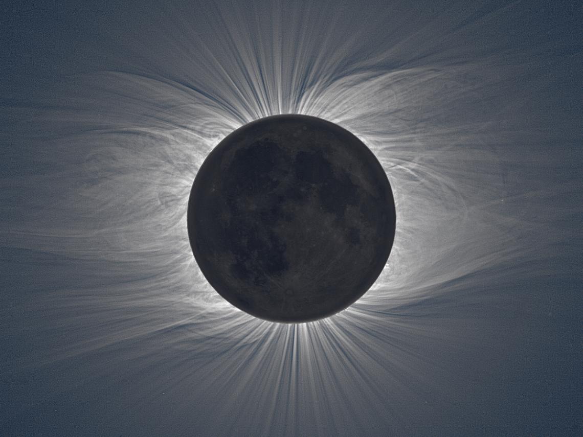 During the 2009 total eclipse, the sun's corona became visible to observers on the ground, its swirls and streaks caused by our star's magnetic field interacting with the solar wind. During the 2009 total eclipse, the sun's corona became visible to observers on the ground, its swirls and streaks caused by our star's magnetic field interacting with the solar wind.