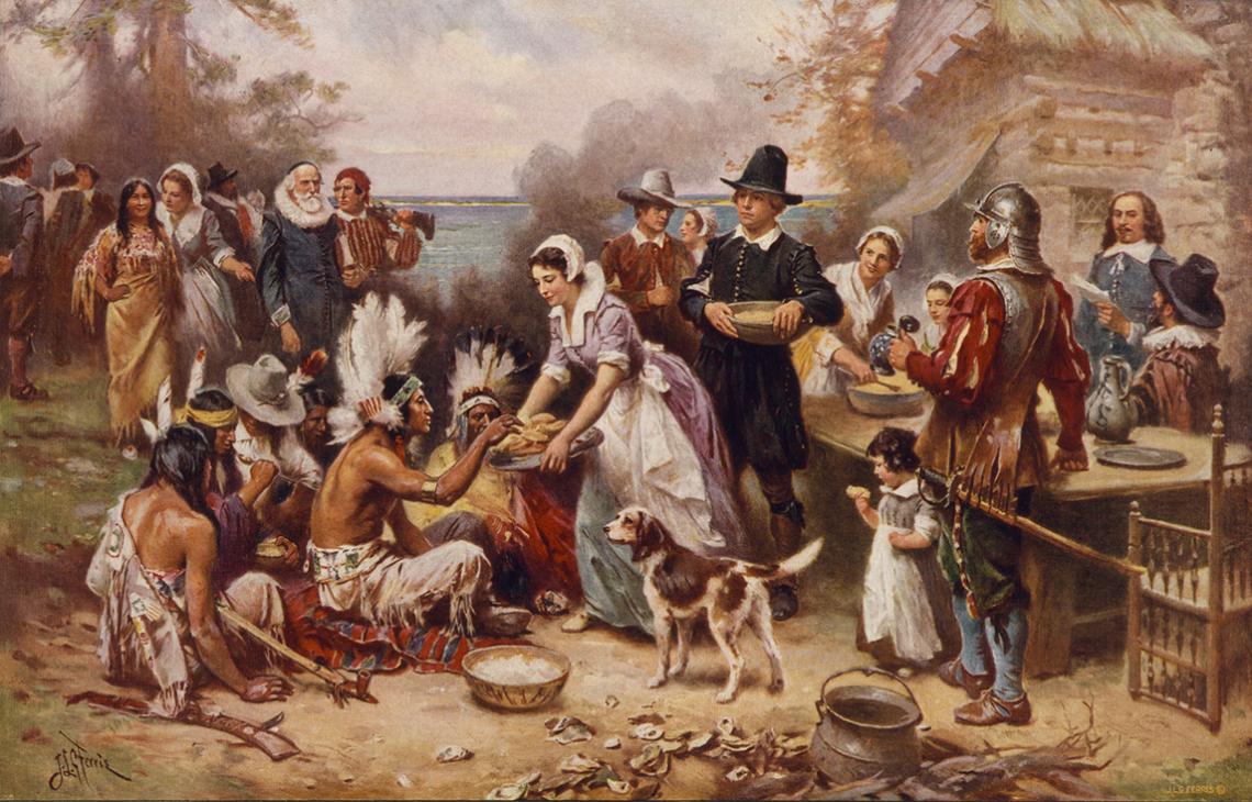 Illustrations of the first Thanksgiving often are historically inaccurate, such as this 1932 painting by Jean Leon Gerome Ferris. The outfits the Pilgrims are shown wearing are wrong, and the Wampanoag did not wear feathered war bonnets, nor would they ha Illustrations of the first Thanksgiving often are historically inaccurate, such as this 1932 painting by Jean Leon Gerome Ferris. The outfits the Pilgrims are shown wearing are wrong, and the Wampanoag did not wear feathered war bonnets, nor would they ha