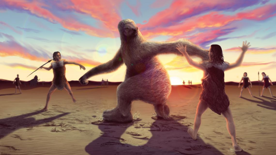Artist's rendering of a giant ground sloth being hunted by humans. Recently discovered footprints provide the first evidence that this scenario may have occurred in North America during the late Ice Age. Artist's rendering of a giant ground sloth being hunted by humans. Recently discovered footprints provide the first evidence that this scenario may have occurred in North America during the late Ice Age.