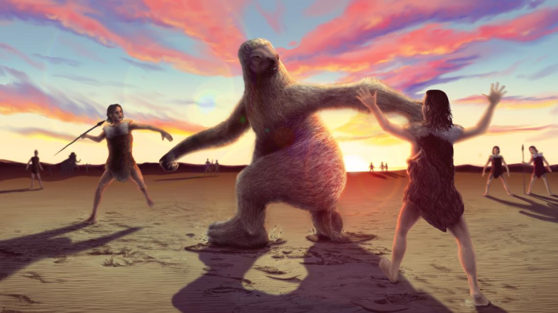 Artist's rendering of a giant ground sloth being hunted by humans. Recently discovered footprints provide the first evidence that this scenario may have occurred in North America during the late Ice Age. 