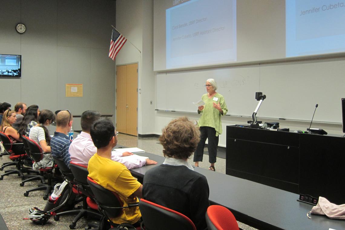 Carol Bender speaks during the orientation session for students in the UA's Undergraduate Biology Research Program, which she oversees. 