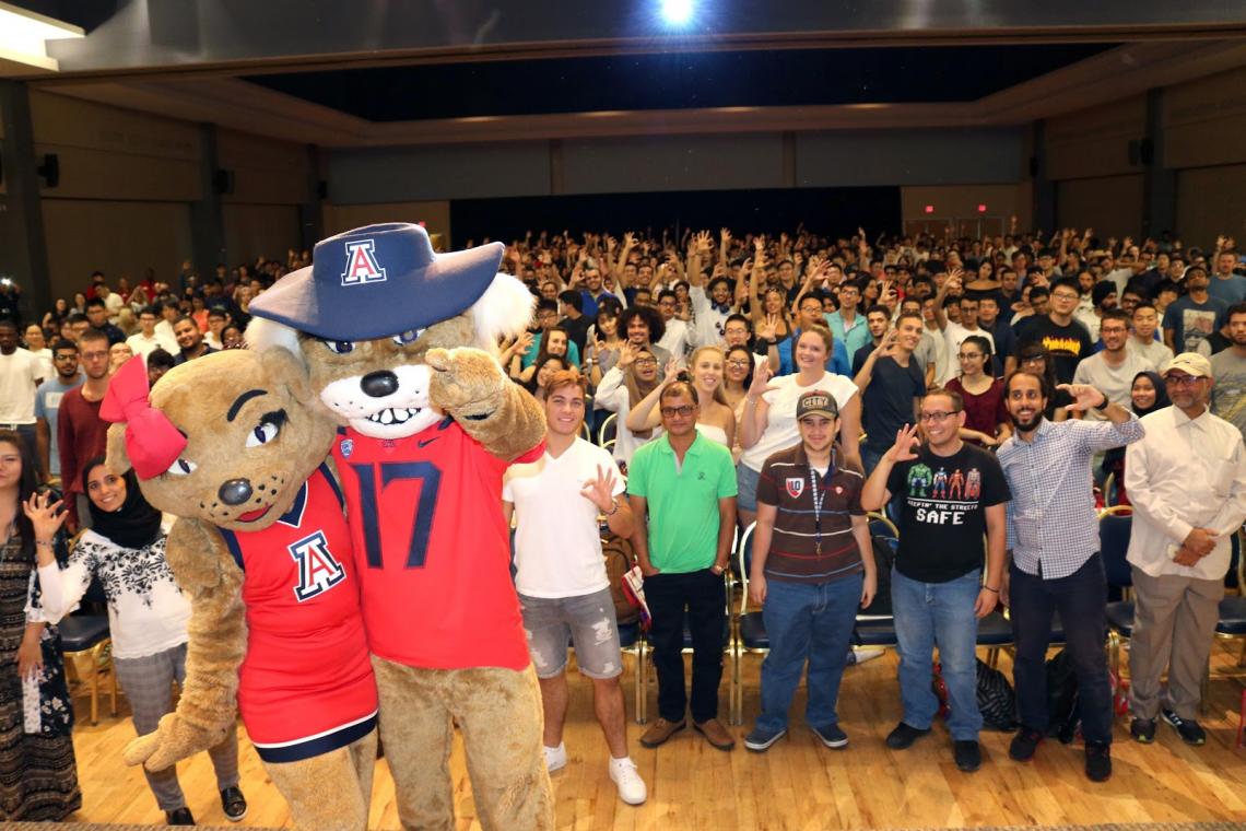 UA international students receive a Wilma-and-Wilbur welcome at the Student Union Memorial Center's Grand Ballroom. UA international students receive a Wilma-and-Wilbur welcome at the Student Union Memorial Center's Grand Ballroom.