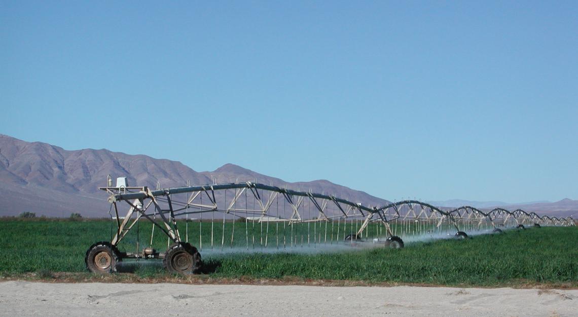 Irrigation in the Amargosa Desert on the California/Nevada border uses water from the Death Valley Regional Aquifer. Irrigation in the Amargosa Desert on the California/Nevada border uses water from the Death Valley Regional Aquifer.