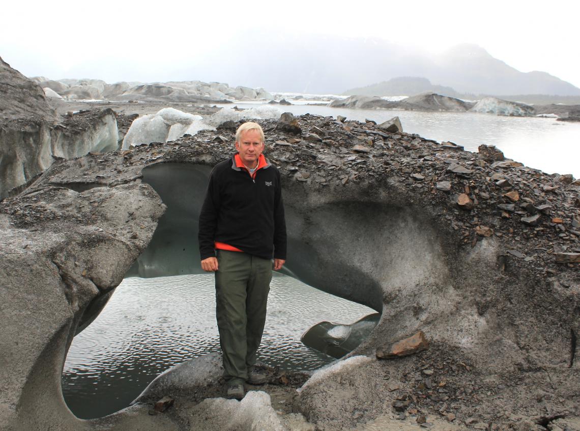 The UA's Jeffrey S. Kargel, coordinator of the GLIMS project, at Sheridan Glacier near Cordova, Alaska. The UA's Jeffrey S. Kargel, coordinator of the GLIMS project, at Sheridan Glacier near Cordova, Alaska.