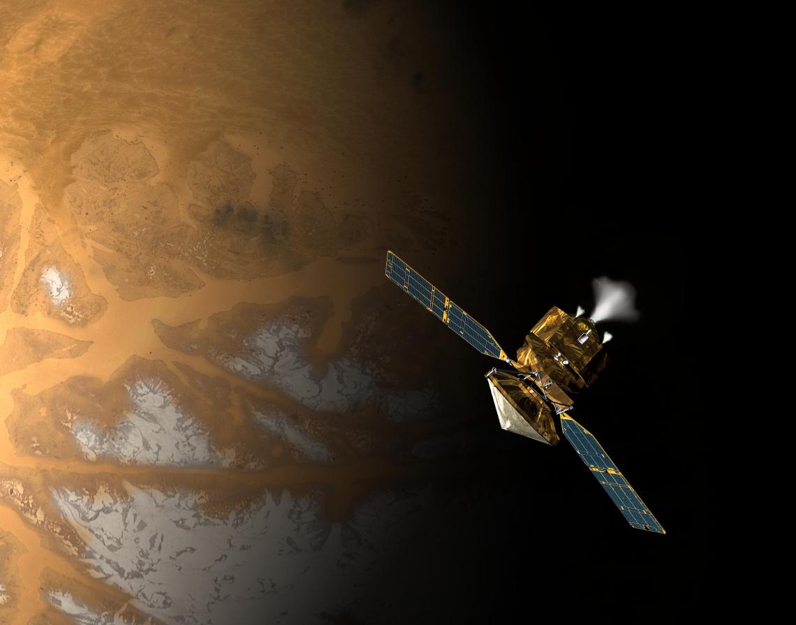 NASA's Mars Reconnaissance Orbiter shortly before swinging into orbit around Mars ten years ago. NASA's Mars Reconnaissance Orbiter shortly before swinging into orbit around Mars ten years ago.