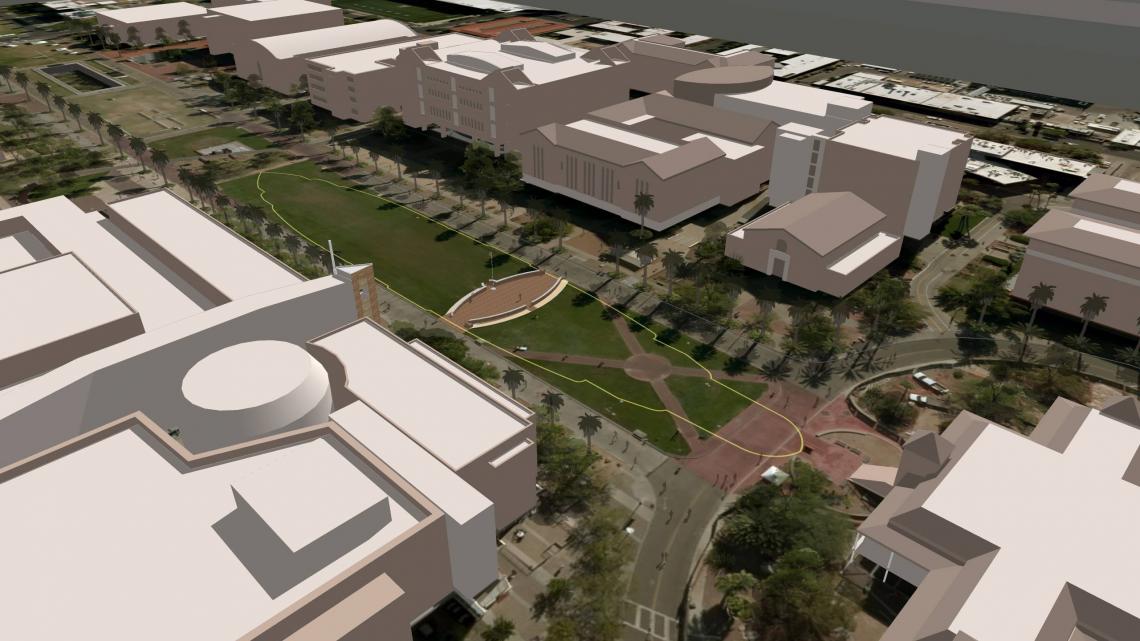 This rendering indicates the outline of the USS Arizona Mall Memorial, which is being built on the south side of the Student Union Memorial Center. This rendering indicates the outline of the USS Arizona Mall Memorial, which is being built on the south side of the Student Union Memorial Center.