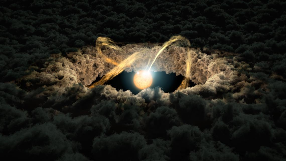 This illustration shows a star surrounded by a protoplanetary disk. The star's irregular illumination allows astronomers to measure the gap between the disk and the star by using a technique called "photo-reverberation" or "light echoes."  