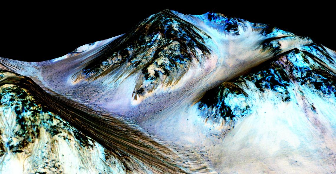 The narrow, dark streaks, or recurring slope lineae, flowing downhill on Mars are inferred to have been formed by contemporary flowing water.