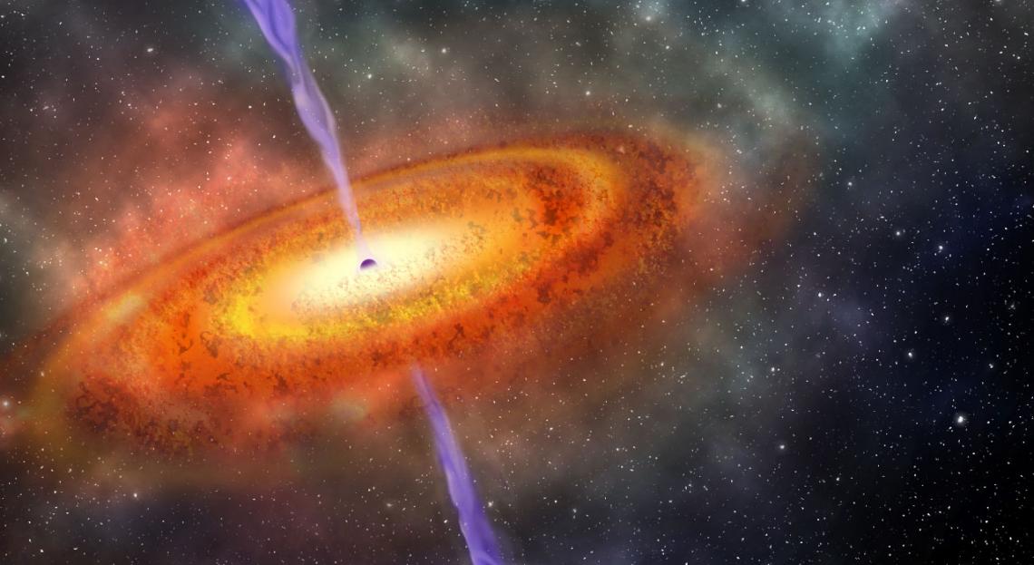 An artist’s concept of the most distant supermassive black hole known. The quasar is growing in mass as it is fed by a swirling disk of hot gas and dust. 