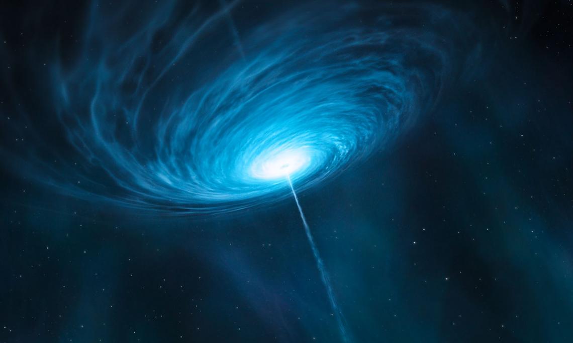 Artist's impression of quasar 3C279. The invisible black hole is surrounded by a swirling disk of matter emitting high-energy radiation that can be detected with radio telescopes. Artist's impression of quasar 3C 279