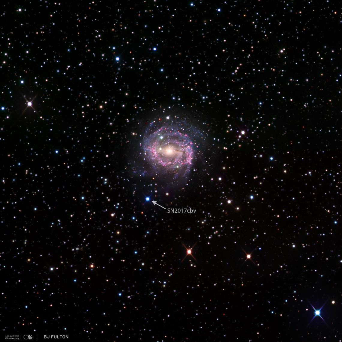 Bright blue dot: Supernovae such as SN 2017cbv appear as "stars that weren't there before," which is why multiple images taken over time are necessary to reveal their true identity. SN 2017cbv lies in the outskirts of a spiral galaxy called NGC 5643 that 