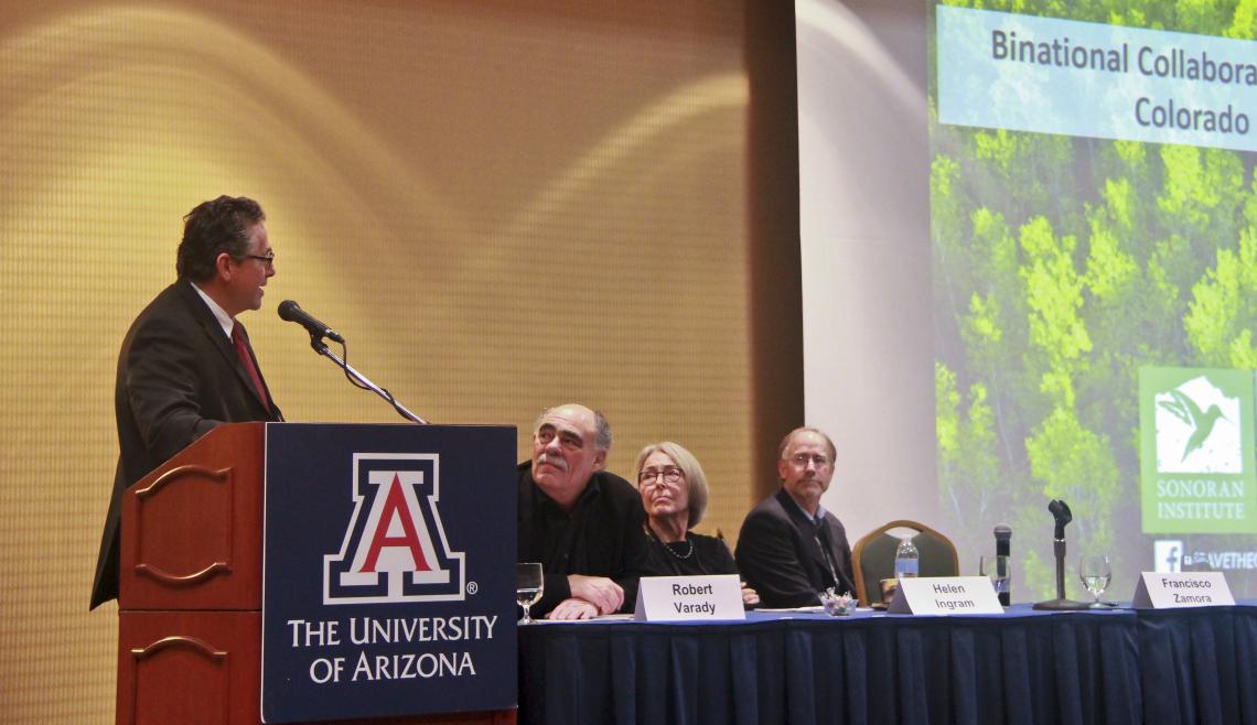 At the UA conference, the Sonoran Institute’s Francisco Zamora discusses collaborative research between the U.S. and Mexico on sustainable water resource management. At the UA conference, the Sonoran Institute’s Francisco Zamora discusses collaborative research between the U.S. and Mexico on sustainable water resource management.