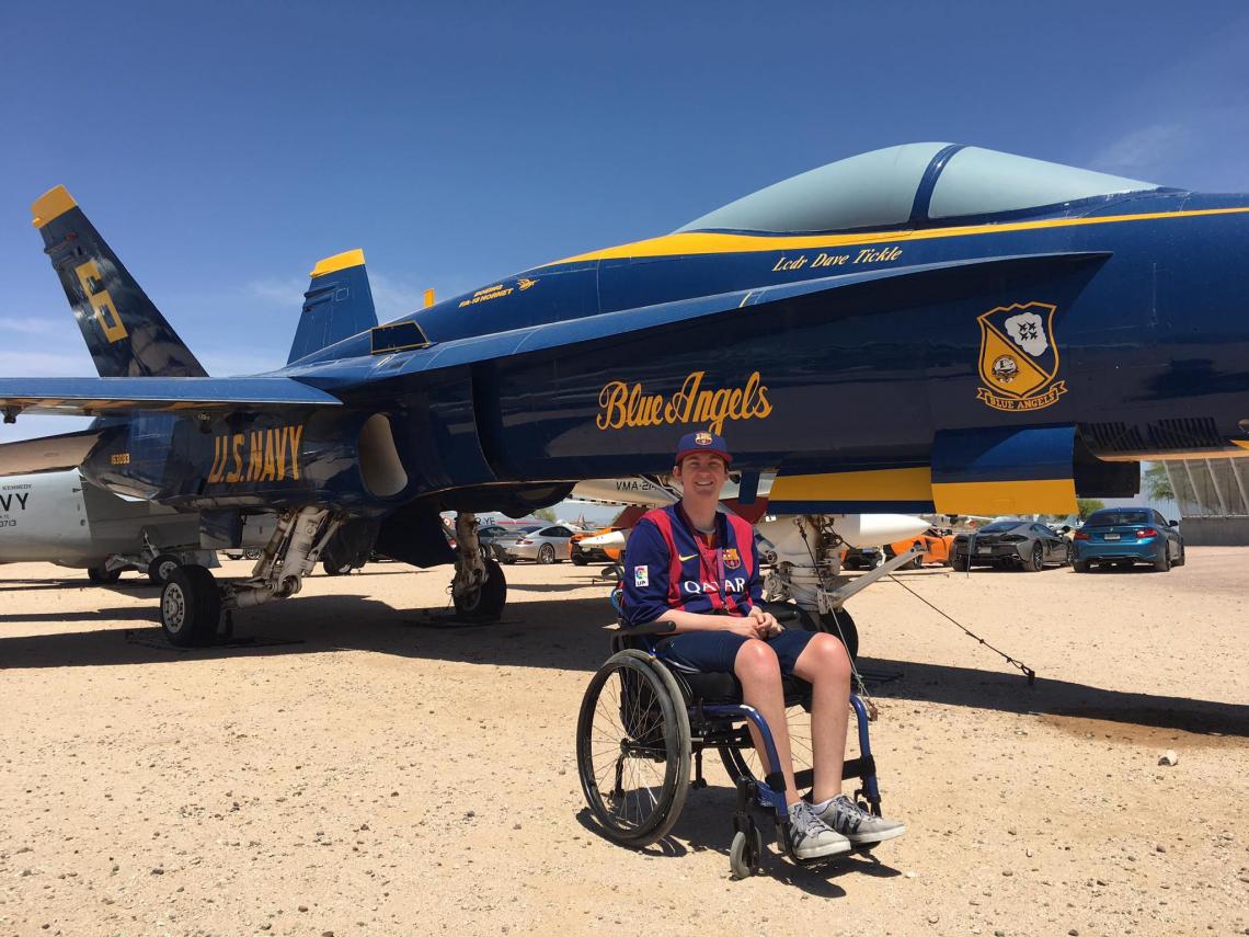 At the Pima Air and Space Museum in Tucson, Alex Spartz poses in front of a McDonnell-Douglas F/A-18A Hornet that has the paint scheme of a U.S. Navy Blue Angel. At the Pima Air and Space Museum in Tucson, Alex Spartz poses in front of a McDonnell-Douglas F/A-18A Hornet that has the paint scheme of a U.S. Navy Blue Angel.