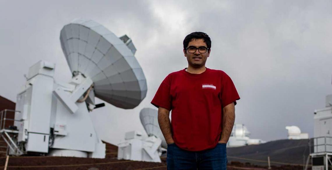 Electrical engineering doctoral student Arash Roshanineshat at the Submillimeter Array, an array of eight 6-meter telescopes in Mauna Kea, Hawaii. Electrical engineering doctoral student Arash Roshanineshat at the Submillimeter Array, an array of eight 6-meter telescopes in Mauna Kea, Hawaii.