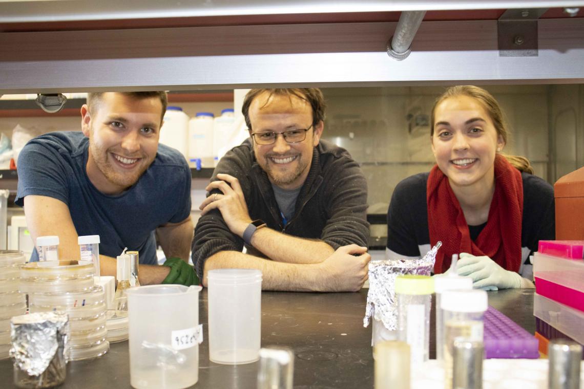 Graduate student Aaron Byrd, assistant professor of molecular and cellular biology and a BIO5 Institute member Ross Buchan and undergraduate senior Amanda Warner in the lab. Graduate student Aaron Byrd, assistant professor of molecular and cellular biology and a BIO5 Institute member Ross Buchan and undergraduate senior Amanda Warner in the lab.