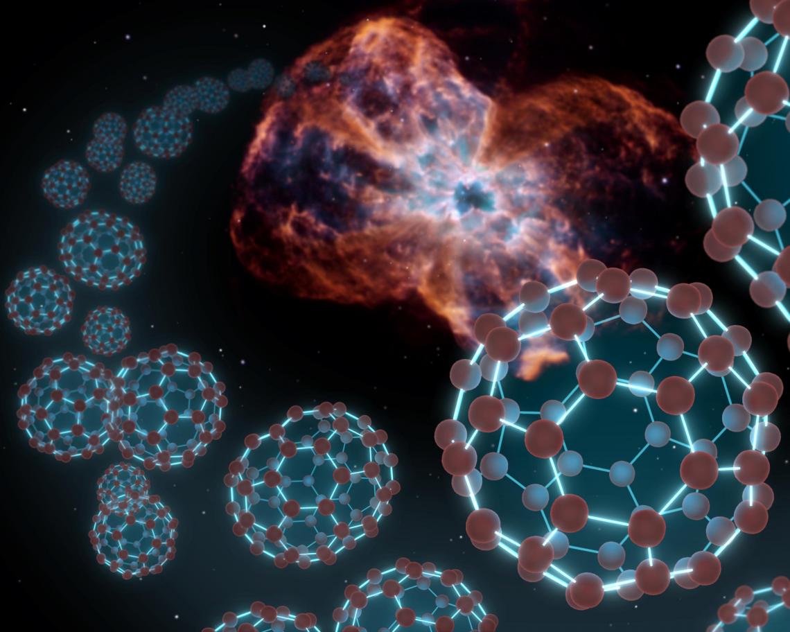 An artist's conception showing spherical carbon molecules known as buckyballs coming out from a planetary nebula — material shed by a dying star. Researchers at the University of Arizona have now created these molecules under laboratory conditions thought An artist's conception showing spherical carbon molecules known as buckyballs coming out from a planetary nebula — material shed by a dying star. Researchers at the University of Arizona have now created these molecules under laboratory conditions thought