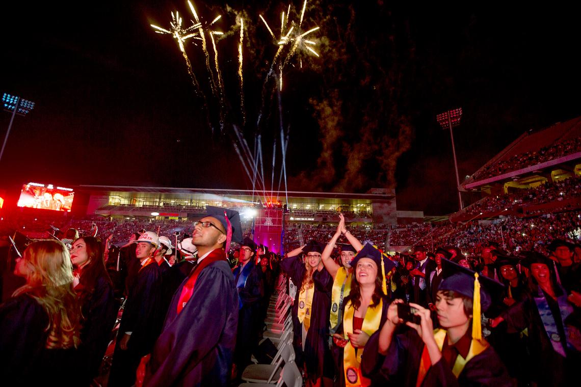 The UA's 152nd Commencement was held in honor of about 6,000 undergraduate and graduate students who earned their degrees from locations that include the UA's main campus, UA South, UA North Valley and UA Online. The UA's 152nd Commencement was held in honor of about 6,000 undergraduate and graduate students who earned their degrees from locations that include the UA's main campus, UA South, UA North Valley and UA Online.