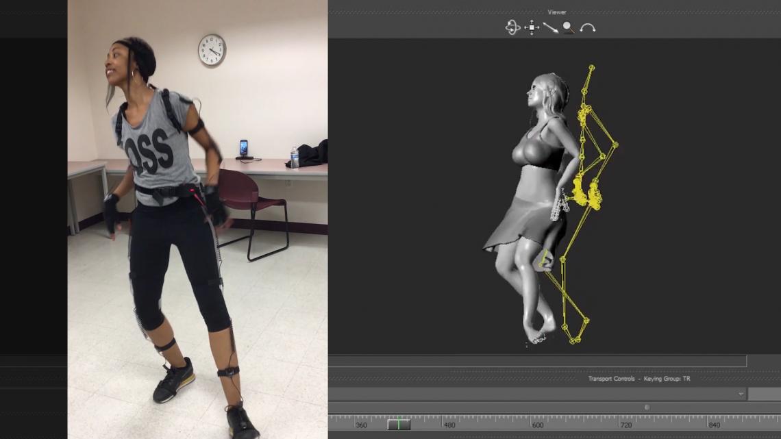 Using motion capture technology, the movements of a professional dancer are transformed into a virtual representation of African dances for use in online courses.