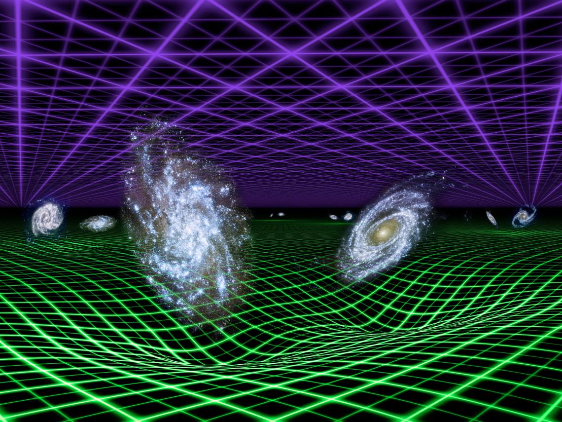 Astronomers think that the expansion of the universe is regulated by both the force of gravity, which acts to slow it down, and a mysterious dark energy, which pushes matter and space apart at faster and faster speeds. In this artist's conception, dark en Astronomers think that the expansion of the universe is regulated by both the force of gravity, which acts to slow it down, and a mysterious dark energy, which pushes matter and space apart at faster and faster speeds. In this artist's conception, dark en