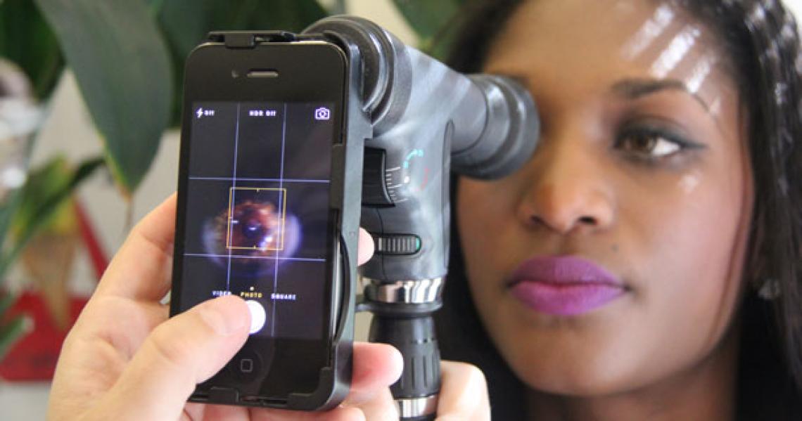 Professor Wolfgang Fink is developing ophthalmic examination devices similar to the one shown here that attach to smartphones for health care providers to conduct eye exams in the field. Professor Wolfgang Fink is developing ophthalmic examination devices similar to the one shown here that attach to smartphones for health care providers to conduct eye exams in the field.